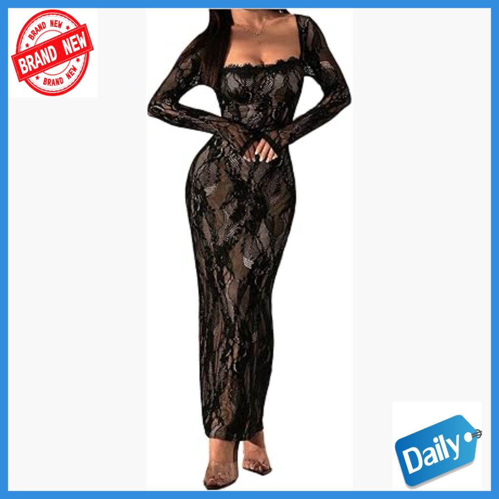 Long Sleeve Maxi Bodycon Dress With Lace Slit Back Square Neck